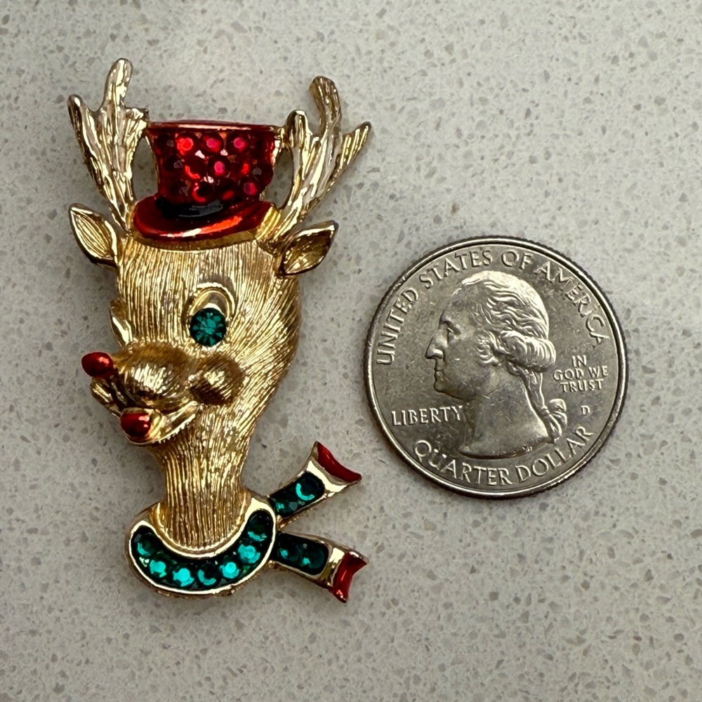Vintage Weiss Christmas Rudolph Top Hat Reindeer Figural Brooch Pin Gold Tone - Picture 8 of 8